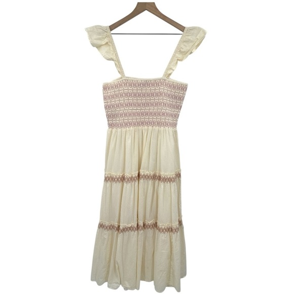 Madewell Lucie Smocked Embroidered Tiered Midi Dress -Lighthouse / Cream - Large - Picture 8 of 14